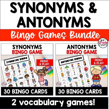 Preview of ELA Bingo Games Synonyms and Antonyms 3rd 4th Grade Vocabulary Games Bundle