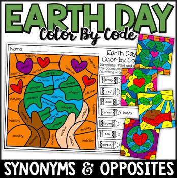 Preview of Synonyms and Antonyms Color by Code Earth Day Activities