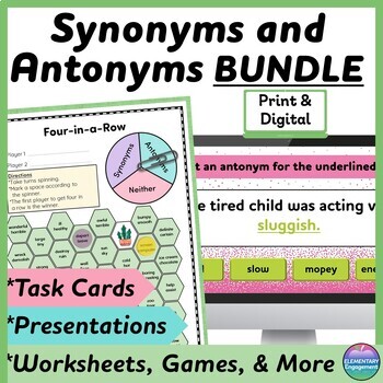 Preview of Synonyms and Antonyms Games, Worksheets, Task Cards, Assessment, Presentations
