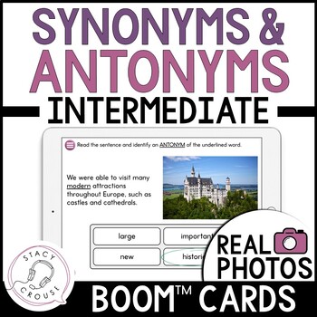 Preview of Synonyms and Antonyms Vocabulary BOOM CARDS Speech Therapy Activity INTERMEDIATE