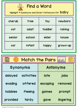 Synonyms and Antonyms - Poster Bookmark Worksheet - Grammar with Long A  Phonics