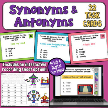 Preview of Synonyms and Antonyms Task Cards: 32 Vocabulary Test Prep for 2nd & 3rd Grade