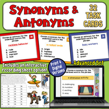 Preview of Synonyms and Antonyms Task Cards: 32 Vocabulary Test Prep for 4th & 5th Grades