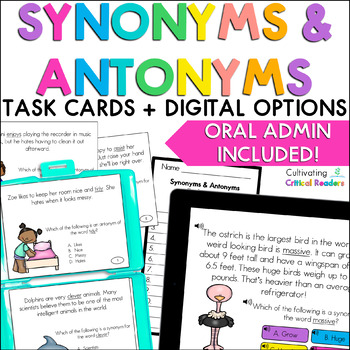 Preview of Synonyms and Antonyms Task Cards with Digital Options & Audio Support
