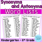 Synonyms and Antonyms Word Lists | Kindergarten - 6th Grade
