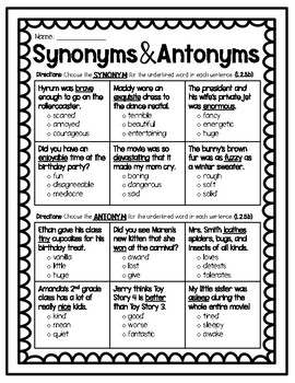 ELA 4th, 5th Grade Synonyms and Antonyms Worksheets of Fun