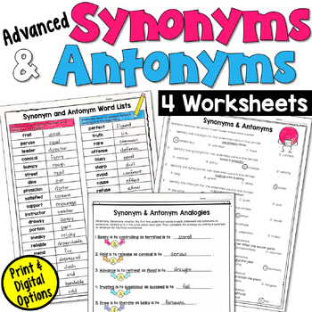 Preview of Synonyms and Antonyms Worksheets in Print and Digital: 4th, 5th, 6th Grade