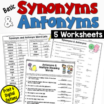 Preview of Synonyms and Antonyms Worksheets in Print and Digital