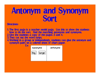 Synonyms or Antonyms? Level 2 Sorting Activity