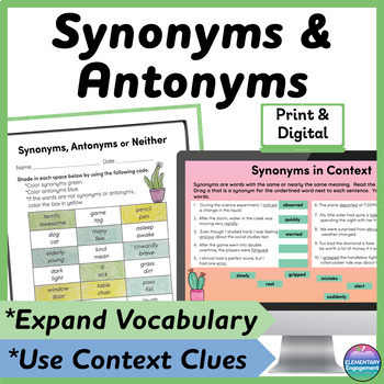 Preview of Synonyms and Antonyms using Context Clues worksheets & Games in Print & Digital