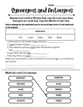 Preview of Synonyms and Antonyms worksheet