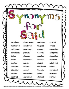Synonyms for Said List by Molly Maloy | Teachers Pay Teachers