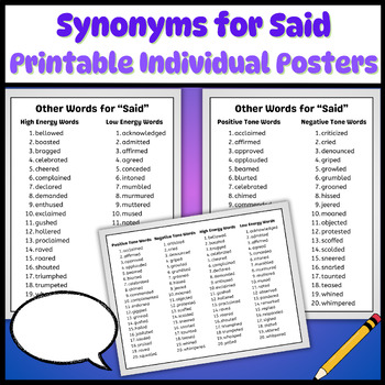 Preview of Synonyms for Said Vocabulary Lists Sorted by Connotation - Said is Dead