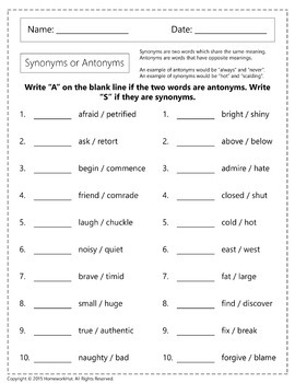 Synonyms or Antonyms Worksheets by Homework Hut | TpT