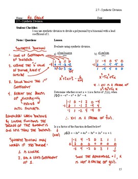 Synthetic Division Notes Key By Graham Earle's Algebra Ii Content