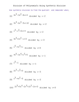 Synthetic Division of Polynomials- Worksheet with Answer Key by Easy Math