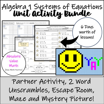 Preview of Algebra 1 System of Equations Activities | Escape Room | Mystery Picture & More