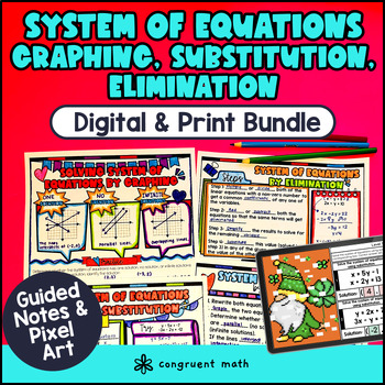 Preview of System of Equations Graphing Substitution Elimination Guided Notes & Pixel Art