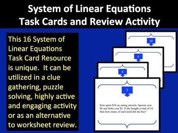 Preview of System of Linear Equations Task Cards and Review Activity - Unique
