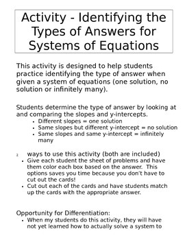 Preview of Systems of Equations Activity - One Solution, No Solution, Infinitely Many