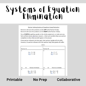 Preview of Systems of Equations - Elimination Method - Collaborative Practice - Printable