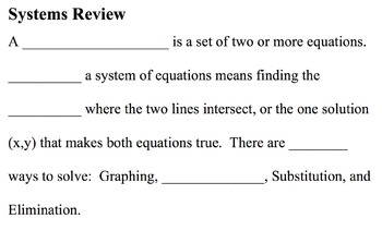 Preview of Systems of Equations Fill in the Blank Review (Notes)