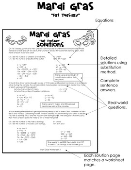 Preview of Systems of Equations - Mardi Gras - Fat Tuesday - Worksheet Bundle - Set 1