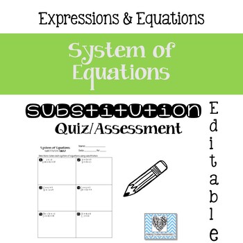 Preview of Systems of Equations Quiz -- Substitution (Editable)