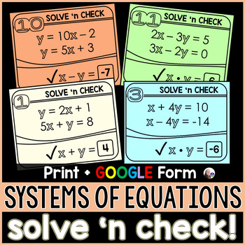 Preview of Systems of Equations Solve 'n Check! Math Tasks - print and digital