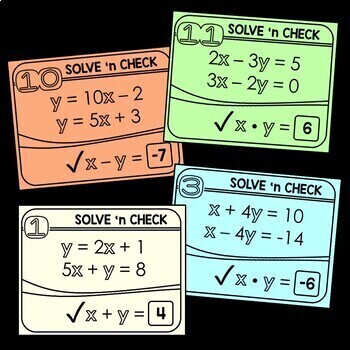 Systems of Equations Solve 'n Check! Task Cards by Scaffolded Math and ...