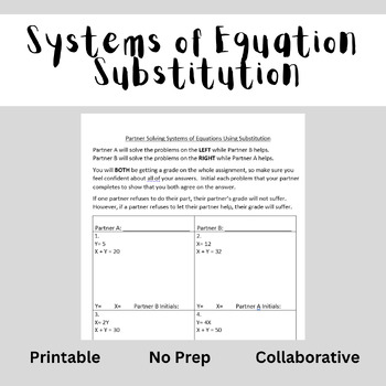 Preview of Systems of Equations - Substitution Method - Collaborative Practice Printable