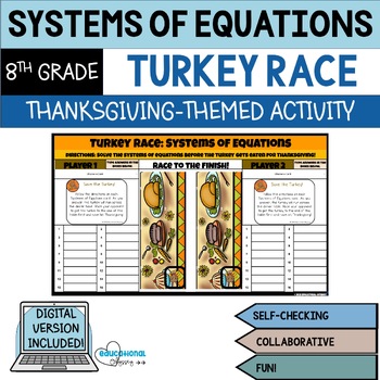 Preview of Systems of Equations Thanksgiving Turkey Race Self-Checking Digital Google