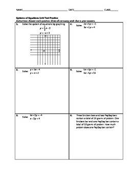 Preview of Systems of Equations Unit Test Practice