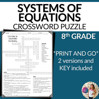 Preview of Systems of Equations Vocabulary Math Crossword Puzzle 8th Grade