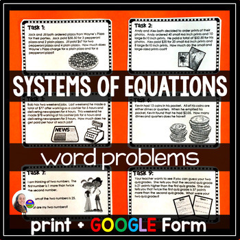 Preview of Systems of Equations Algebra WORD PROBLEMS Task Cards Activity