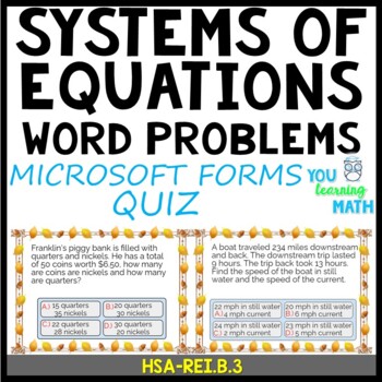 Preview of Systems of Equations Word Problems: Microsoft OneDrive Forms Quiz - 15 Problems