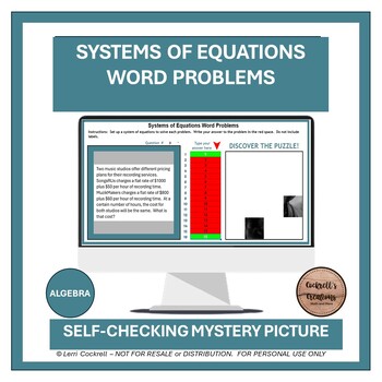 Preview of Systems of Equations Word Problems Self-Checking Task Cards with Digital Image
