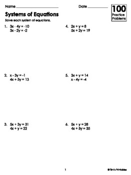 Preview of Systems of Equations Worksheets | Difficulty: Easy | 100 Practice Problems