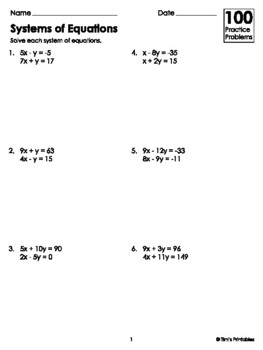 Preview of Systems of Equations Worksheets | Difficulty: Medium | 100 Practice Problems