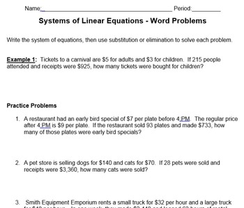 Systems of Equations Worksheets: Elimination, Substitution, Word Problems