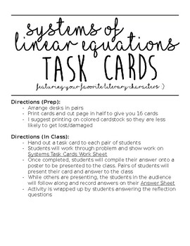 Preview of Systems of Linear Equations Task Cards Activity