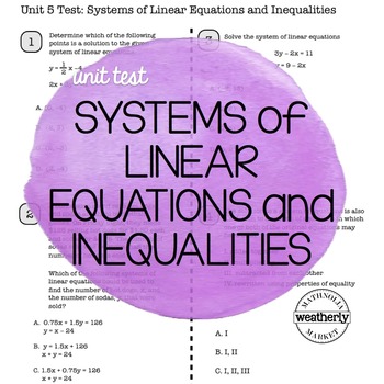 Preview of SYSTEMS OF LINEAR EQUATIONS & INEQUALITIES Unit Test CC Algebra1