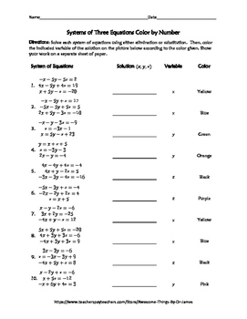 Systems of Three Equations Color by Number Freebie by Funrithmetic