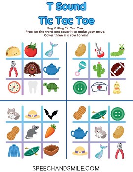 Preview of T Sound Tic Tac Toe Print and Play Printable T Sound Activity Game with Speech