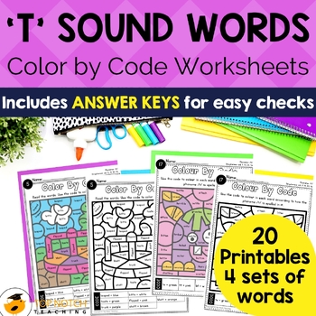 Preview of T Sound Words - ED, T, TT, BT, TE | Phoneme /t/ Color by Code Phonics Worksheets