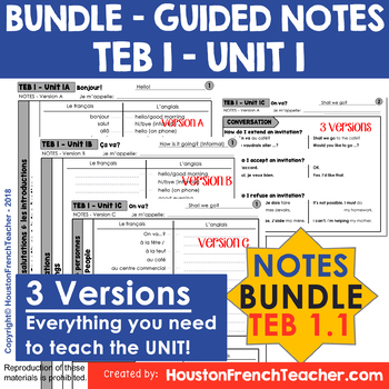 Preview of T'es branche Guided notes Level 1 TEB 1 Unit 1 (BUNDLE - TEB 1 UNIT 1 - NOTES)