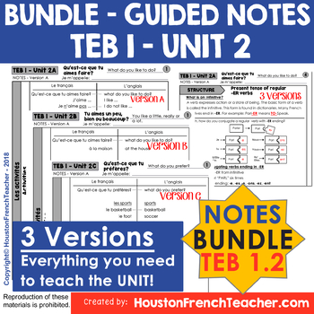 Preview of T'es branche Guided notes Level 1 TEB 1 Unit 2 (BUNDLE - TEB 1 UNIT 2 - NOTES)