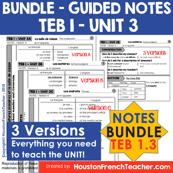 Preview of T'es branche Guided notes Level 1 TEB 1 Unit 3 (BUNDLE - TEB 1 UNIT 3 - NOTES)