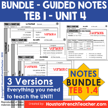 Preview of T'es branche Guided notes Level 1 TEB 1 Unit 4 (BUNDLE - TEB 1 UNIT 4 - NOTES)