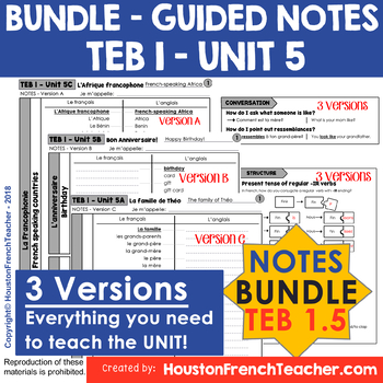 Preview of T'es branche Guided notes Level 1 TEB 1 Unit 5 (BUNDLE - TEB 1 UNIT 5 - NOTES)